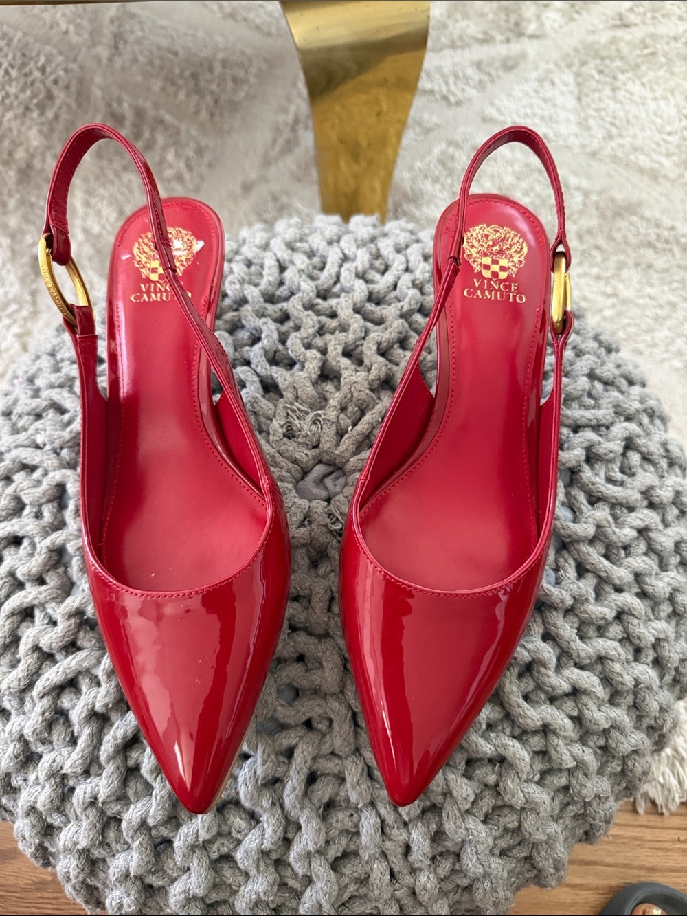 Vince Camuto Red Patent Slingback Pointed Pumps with Gold Buckle. NWOB
